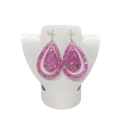 Earrings Pink Holo Glitter Double Teardrop