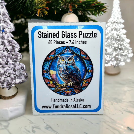 Owl Stained Glass Puzzle 68 Piece Round