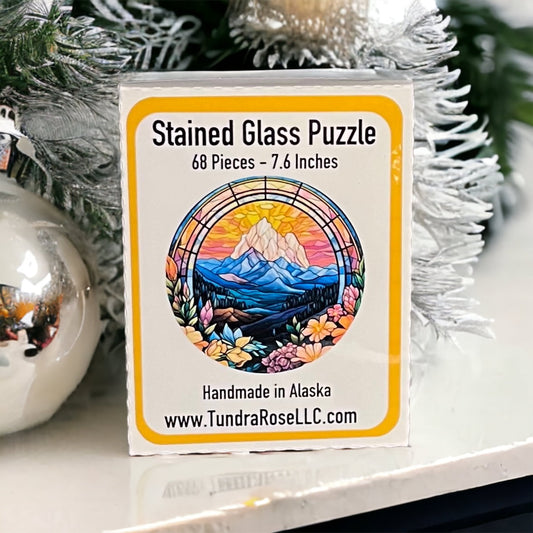 Mountains Stained Glass Puzzle 68 Piece Round