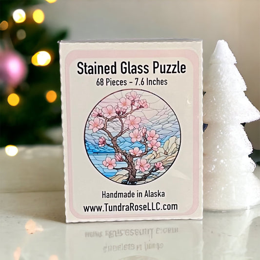 Cherry Blossom Stained Glass Puzzle 68 Piece Round